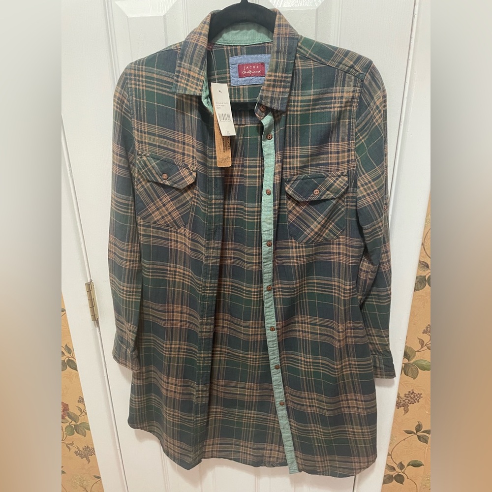 JACHS Girlfriend Green & Brown Plaid Button-Front Shirt dress